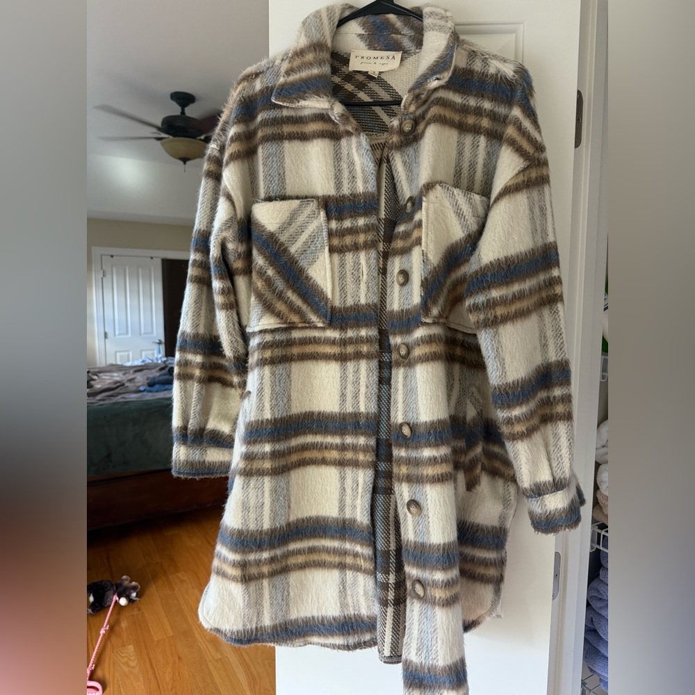 Promesa Cream and Brown Plaid Teddy Jacket